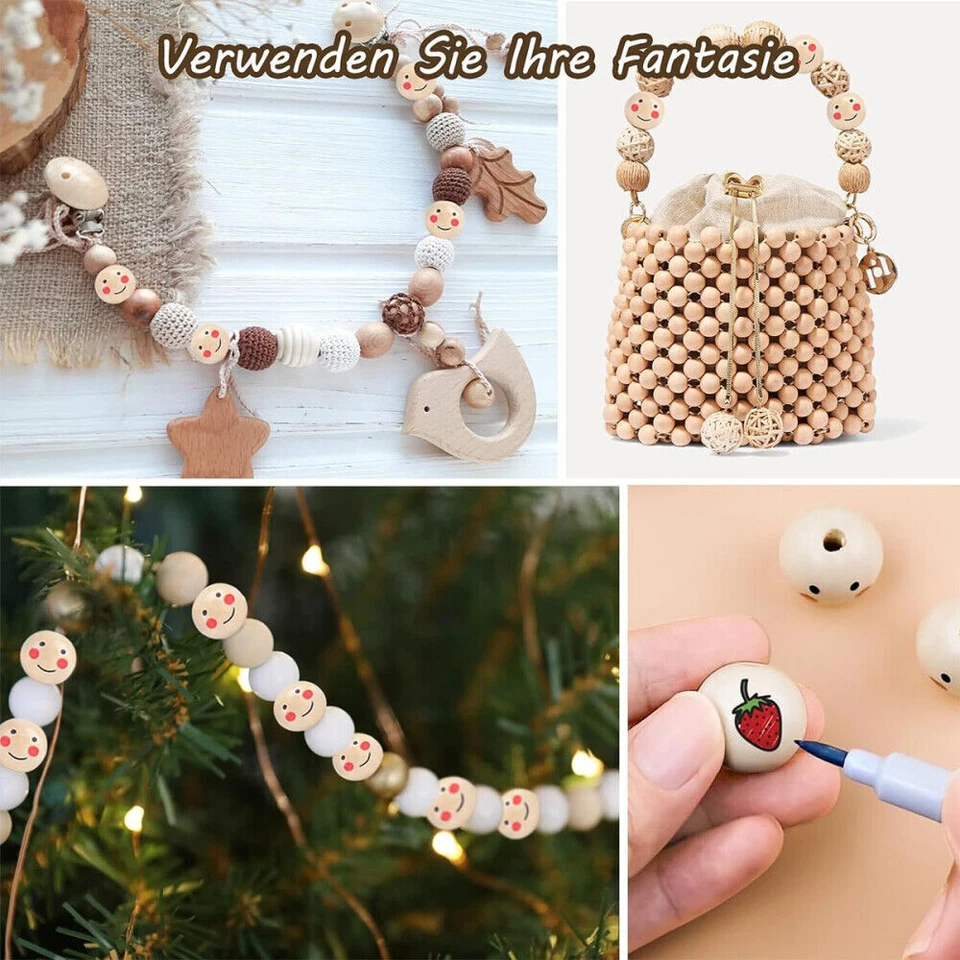 100stk lose Holzperlen mit rundem Gesicht zum Basteln 10/12/14/16/20/25mm - Bild 4 von 4