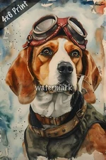 Dog Beagle in a retro aviator outfit watercolor Art 4x6 Print