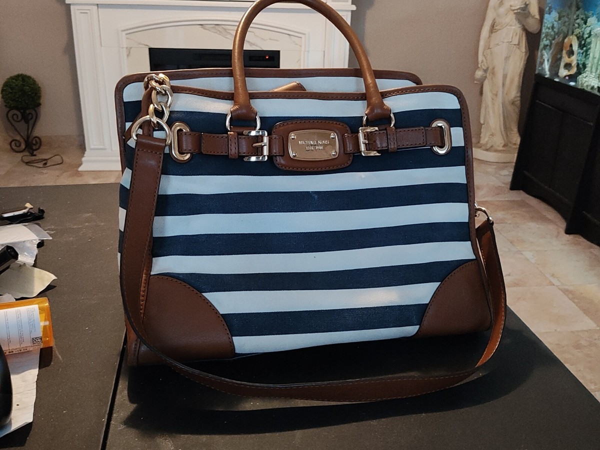 Michael Kors Hamilton Striped Canvas Large Tote Satchel Blue And 