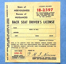 NOS 1958-1961 Novelty Back Seat Driver's License - Buick Chevy Ford Mopar VW +