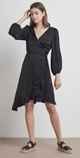 VELVET By Graham & Spencer Alena Satin Viscose Wrap Dress Black S $268 B2