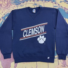 Vintage 80s Clemson Tigers Sweatshirt Russell Athletic Front V, size SMALL, blue