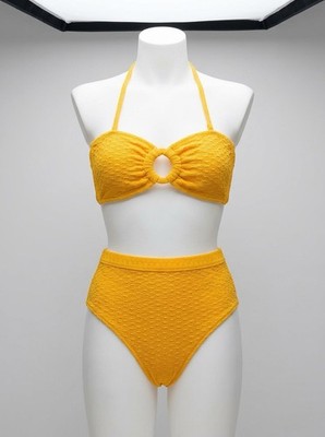 NWT Roxy Haleiwa Banded Textured Bikini Bottom & Top Golden Rod Medium 7-9