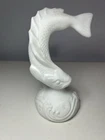 White Fenton White Satin Glass Jumping Koi Fish Figurine