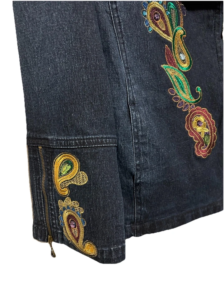 Chaqueta vaquera Diane Gilman S gemas bordadas blazer con cremallera para mujer pequeña Foto 4 de 4