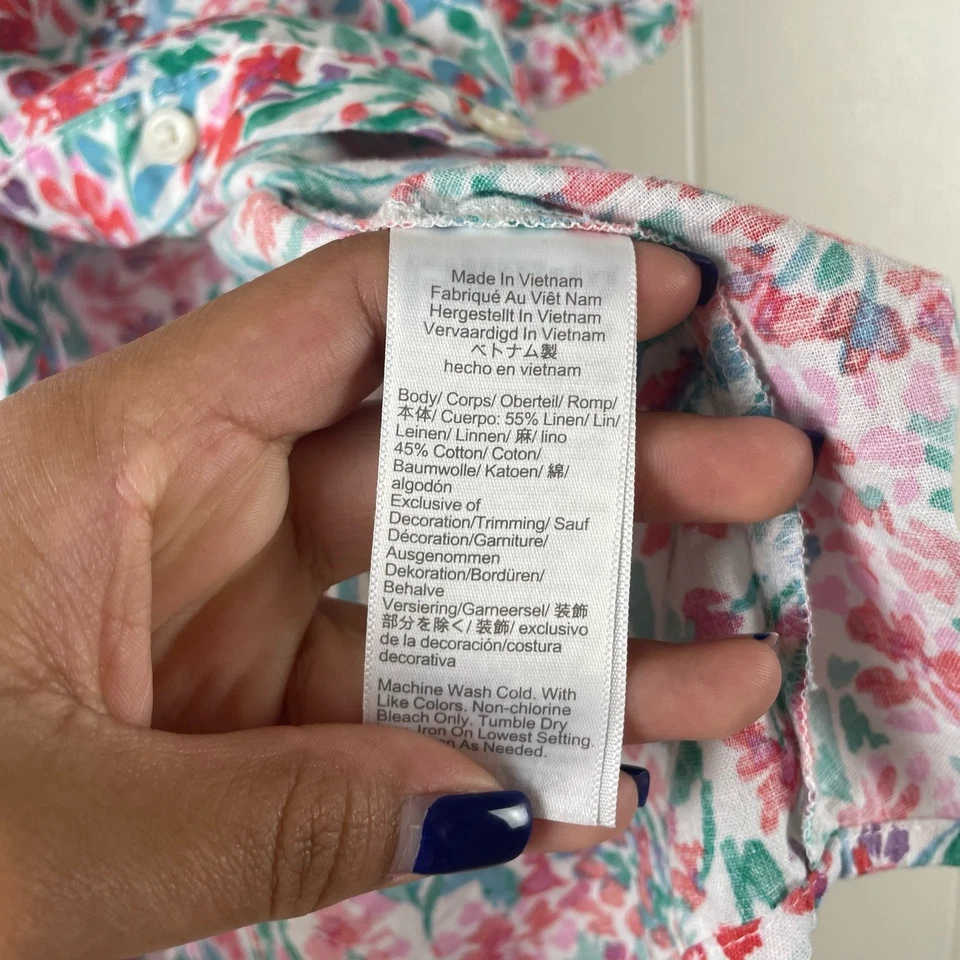 J. Camisa Top Crew Smocked Floral Lino Algodón Manga Abullonada Botón Delantero XS Foto 4 de 4