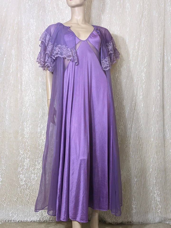 Vintage 🟣 Vestido sin Mangas Camisón Chifón Volantes Encaje Bata Peignoir Conjunto Mezcla M Foto 2 de 4