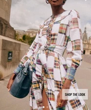 Sezane Loisa Patchwork Maxi Dress Size 36 AU 8 US 4 Button Up Belted Quilted