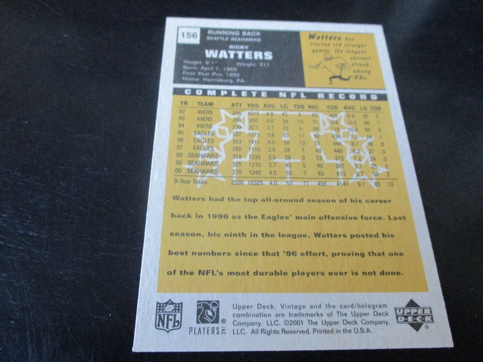 RICKY WATTERS (seattle seahawks - RB) 2001 upper deck vintage card #156  nr/mint - Image 2 of 2