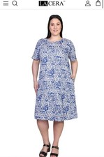 NWT LA Cera Dress Womens XLarge Blue Colorful Floral Cotton Knit A Line Pockets