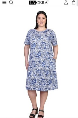 NWT LA Cera Dress Womens XLarge Blue Colorful Floral Cotton Knit A Line Pockets