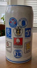 Vintage Munchen Beer Stein, Stoneware, feat various breweries inc Paulaner, 1L