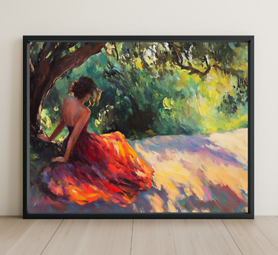 Woman In Red Dress Sitting By Tree Oil Painting Wall Art Print Printed ...