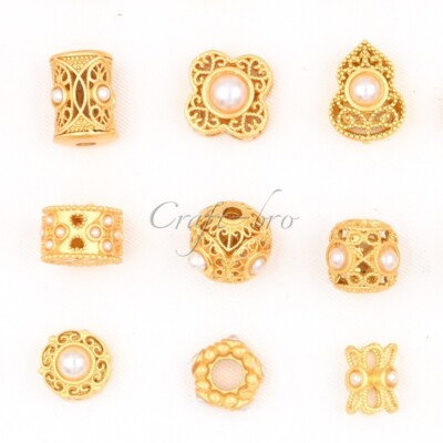 10Pcs 18k Gold Brass Pearl Embed Hollow Lucky Beads 4~12mm DIY Bracelet