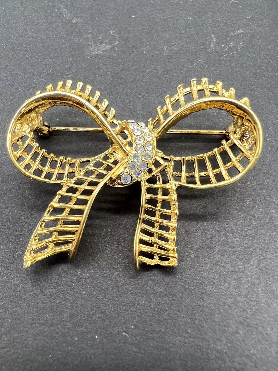 Rhinestone Bow Brooch Pin Ribbon Open Work Lace Gold Plated Vintage A4