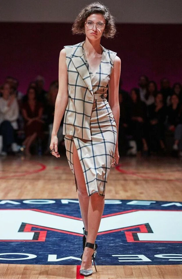 MONSE Beige Black Plaid Check MON LOUISE Wrap Tuxedo Sleeveless Midi Dress 12 US - Image 2 of 4