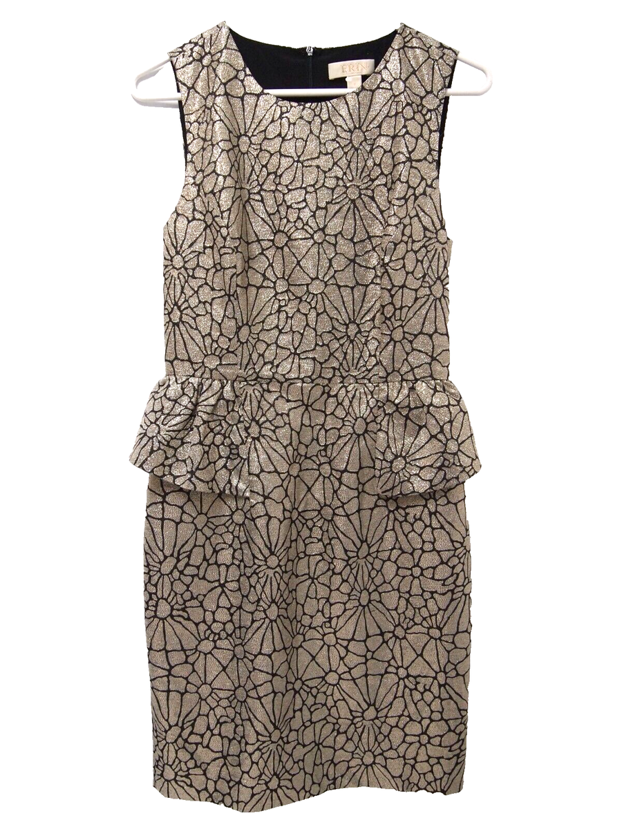 erin fetherston gold dress Womens 4 Metallic Floral Sheath Peplum Sleeveless black long sleeve sequin dress