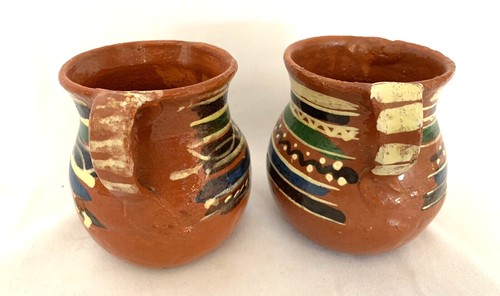 Mexican Terracotta Pitcher Lot of 2 Hand Painted Handle Blue Stripe VTG 3.5" H - Picture 4 of 10