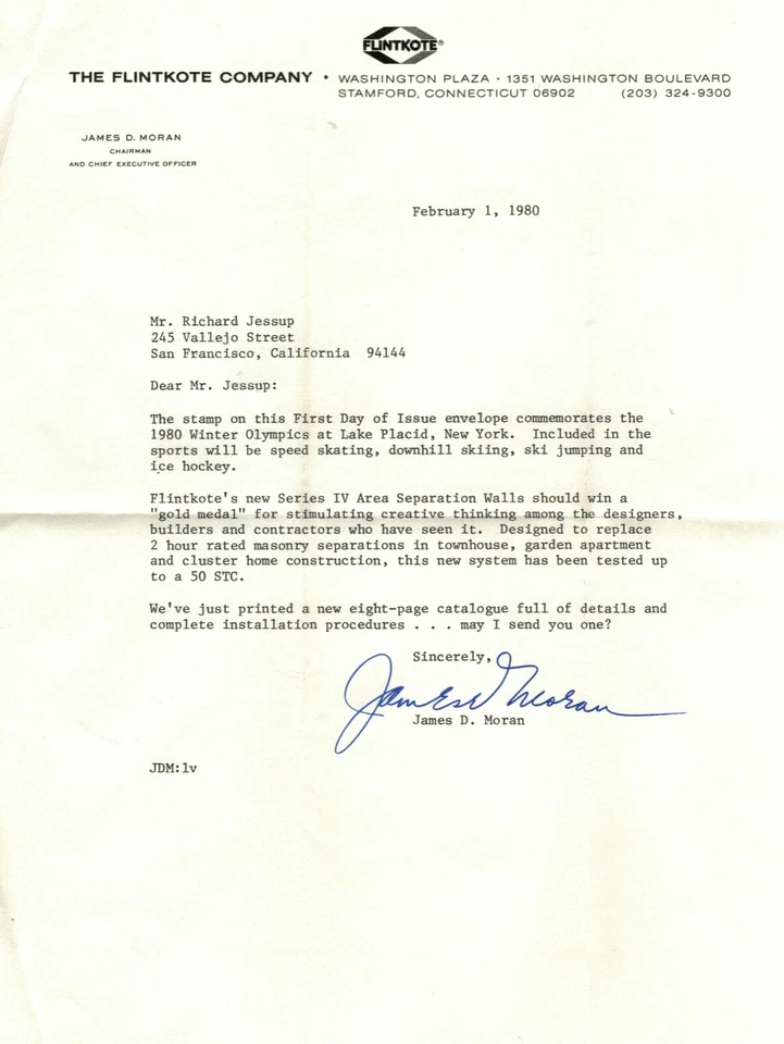 Winter Olympic Games 1980 1st Day Issue 15¢ Stamp 2/1/80 w Letter Flintkote Co - Image 3 of 3