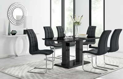 FURNITUREBOX UK IMPERIA Black High Gloss Rectangular Pillar Dining Table & 6 Faux Leather Chairs