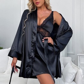 Women Sexy Lingerie Set Babydoll & Lace Satin Kimono Robe Chemise Nightgown US