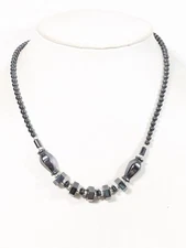 Gray Hematite Stone Geometric Beaded Statement Necklace 17.5 in