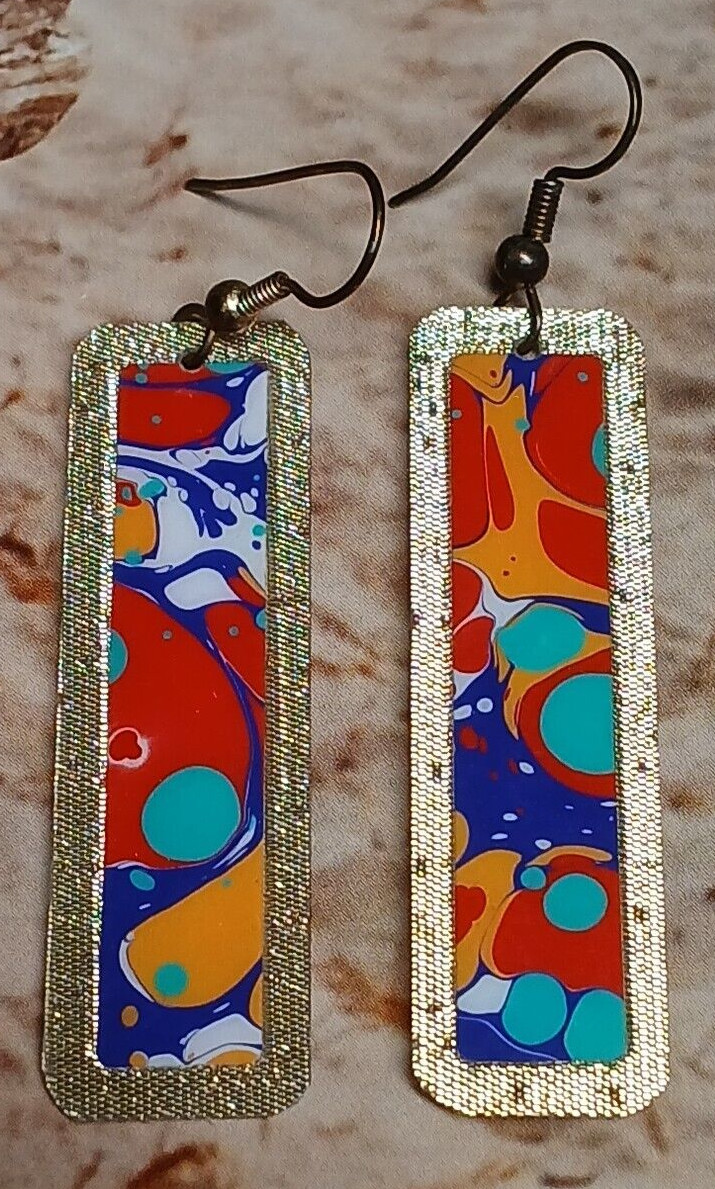 Gold Tone Long Rectangle Multi Color Splatter Pai… - image 1