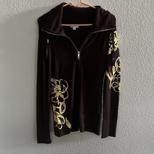Cache Womens Jacket Small Vintage Floral Knit Zipper Front Brown Gold Metallic