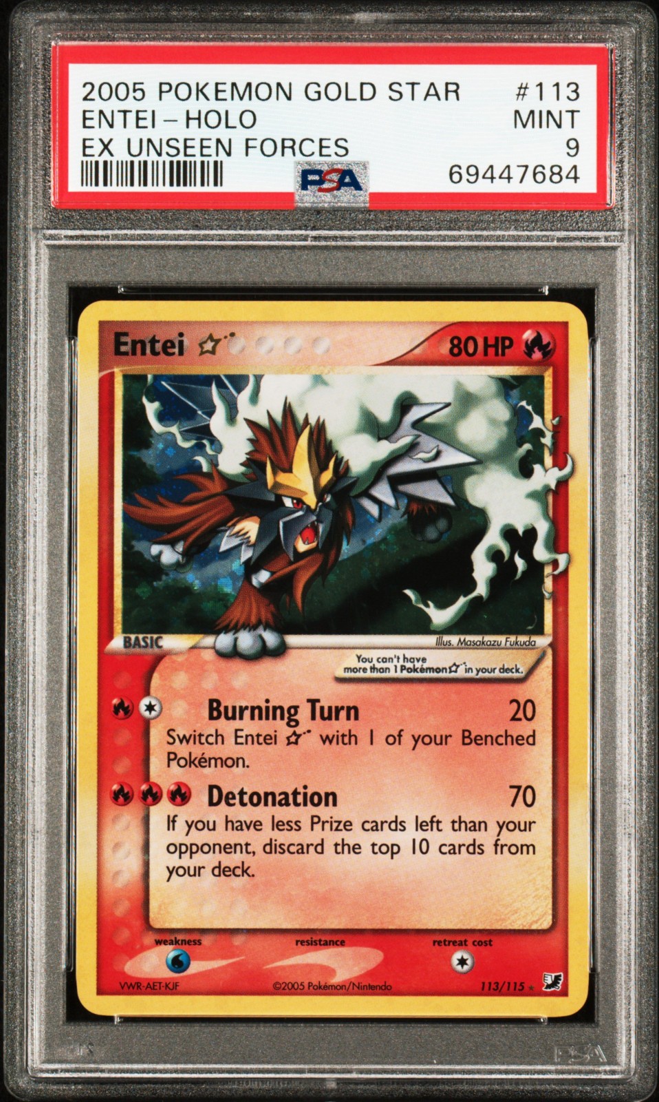 2005 Pokemon Entei Gold Star Holo EX Unseen Forces 113/115 PSA 9 MINT