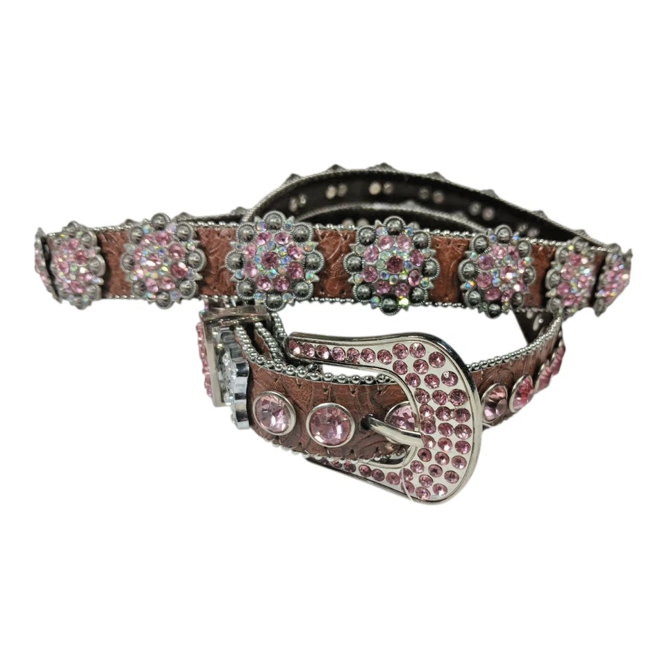 Cinturón BHW Mujer Marrón Rosa Estrás Occidental Bling 1" Ancho Talla 5XL 46-50" Foto 2 de 4