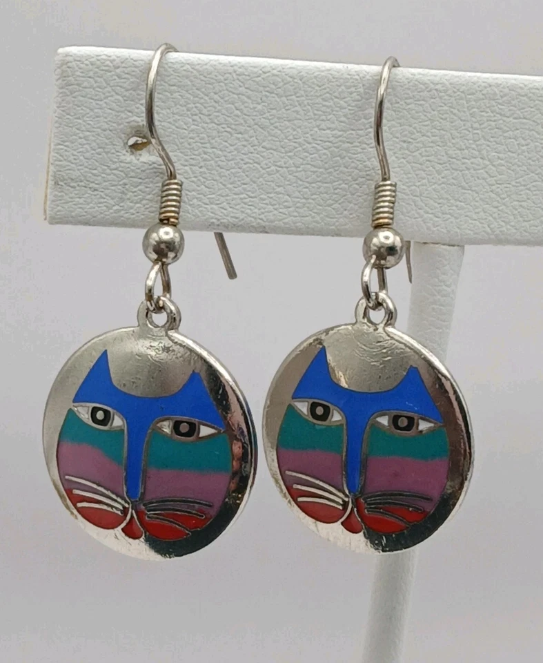 PENDIENTES COLGANTES VINTAGE LAUREL BURCH "MOON CAT" AZUL SOBRE TONO PLATA Foto 3 de 4