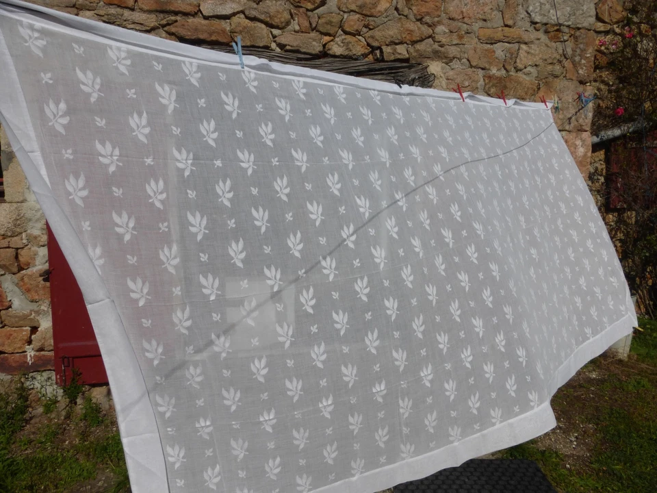 GRANDE NAPPE ANCIENNE VOILE DE COTON ANNEES 50 MOTIFS FEUILLAGES - Photo 2/4
