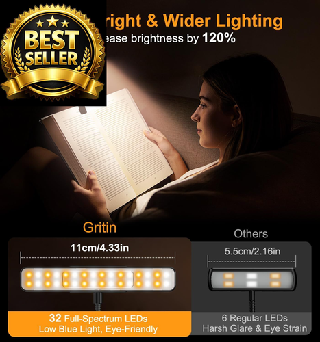 Gritin 2026 Gen 2 Book Light for Reading- 32 Eye Caring Full Spectrum Black - Afbeelding 5 van 10
