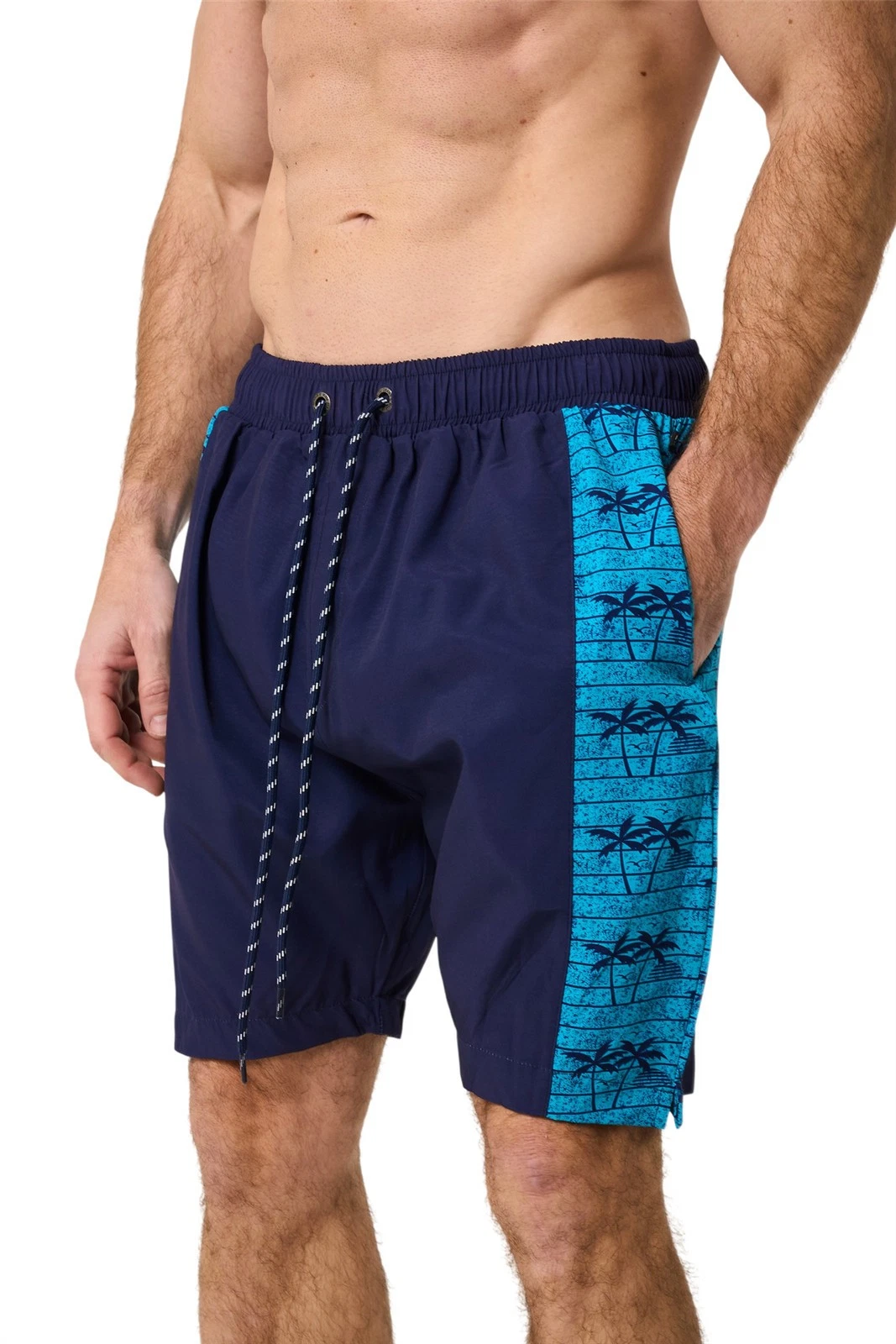 KAM Palm Print Panelled Swimming Short For Men in Navy, 2XL-8XL
