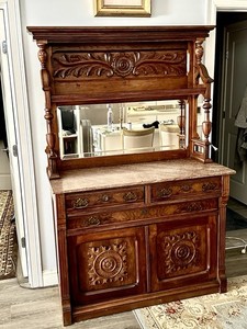 Antique Sideboard Victorian Burl Walnut Marble Top Buffet