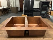 33" Hammered Pure Copper Drop In Kitchen Sink Double Basin 9" Depth 16 Gauge