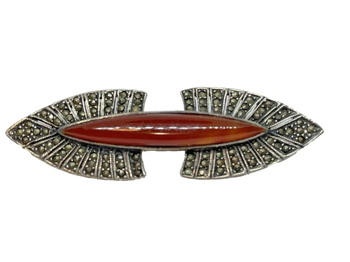 Art Deco Carnelian Marcasite Sterling Silver Brooch Pin Costume Jewelry
