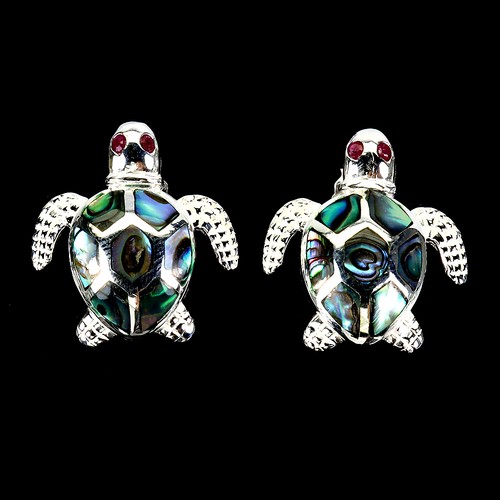 925 Sterling Silver Earrings Round Ruby Mother Of Pearl Gemstone Turtle Jewelry