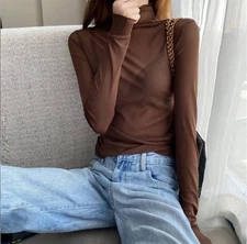 Women Lace T-shirts Mesh Shirt Tops Sheer High Neck Sexy Basic See Through