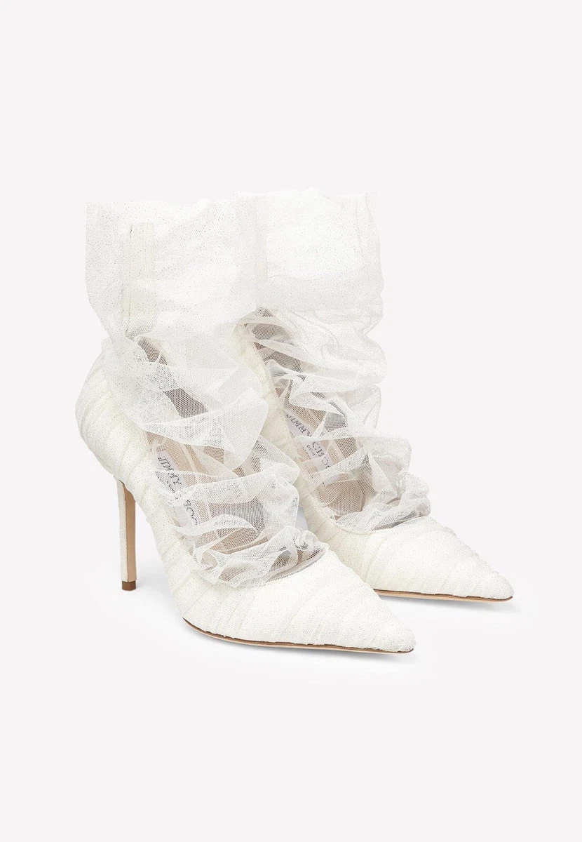 Escarpins somptueux 100 talons nus Jimmy Choo blanc tulle mariage 38 5 neufs dan
