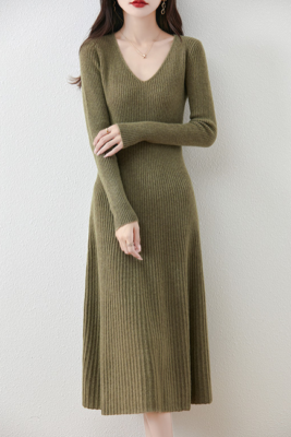 100% Wool Women's Dress V-neck Long Wool Ladies Dress Sweater Knitted A-line  | eBay