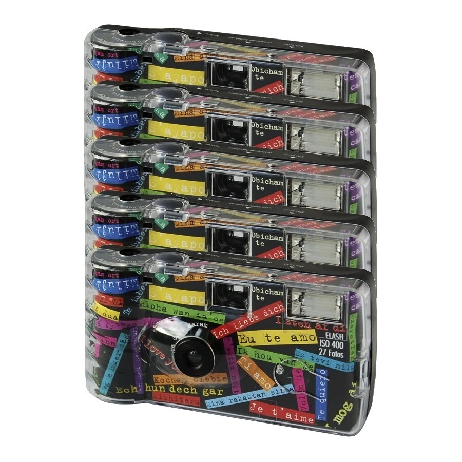 MARKENLOS 5x Einmalkamera Love-Story 400 ASA 27 Aufnahmen mit Blitz Hochzeit schwarz