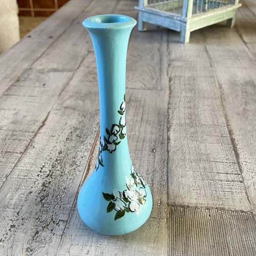 Vintage Blue Floral Bud Vase Ceramic Hobbyist Signed 6 1/4" H - Picture 5 of 10