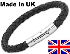  Braided  Genuine Leather Bracelet with Stainless Steel Clasp 8mm Made in the UK