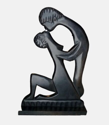 Duża abstrakcyjna ręcznie rzeźbiona 14" Czarni miłośnicy cienia Drewniana rzeźba Blat Dekoracja - Zdjęcie 1 z 16