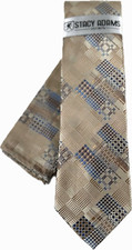 Stacy Adams Men's Tie Hanky Champagne Cream Beige Blue Brown Plaids 3.25" Wide