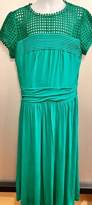 Boden Angeline Dress 12L Green Short Sleeve Jersey Crochet