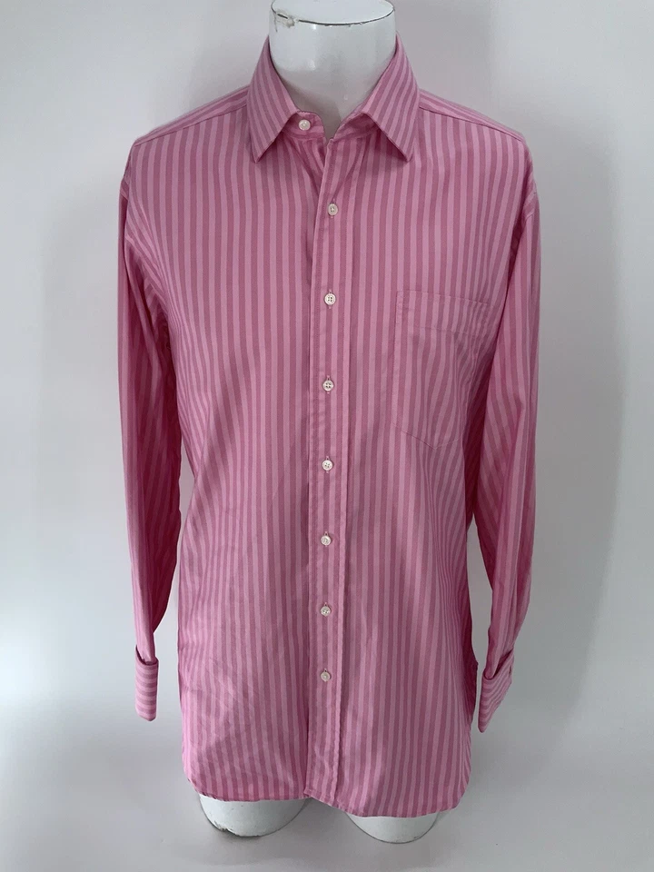 Savile Row French Cuff Dress Shirt 15.5 33 Pink Striped Cotton USA YGI X4-123 - Image 2 of 4