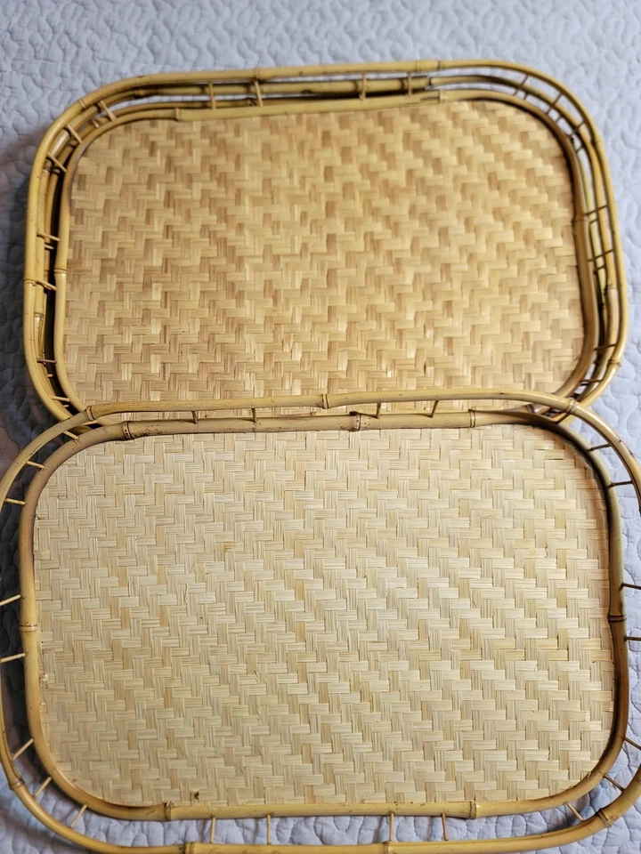 Vintage Rattan Bamboo Trays Lot of 6 Wicker Tiki Lap TV Serving Picnic 19x13 - Image 4 of 4