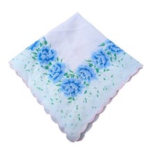 Vintage Floral Handkerchief 12" Pale Pink with Blue Roses Pink Scalloped Edge
